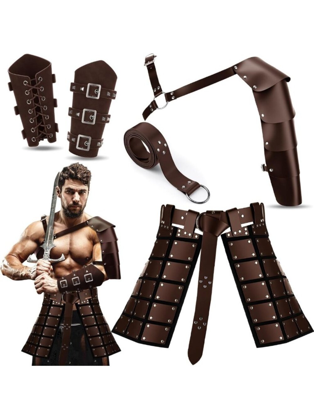 Medieval Leather Armor Set for Men - 5PC Shoulder, Thigh & Arm Guards